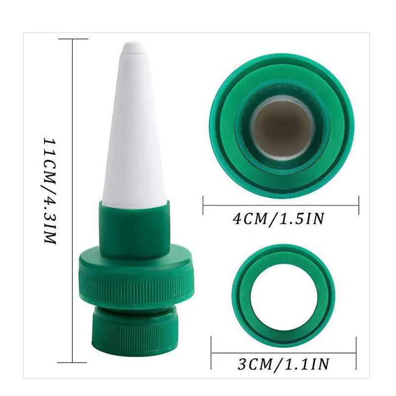 Green ceramic watering dripper for cola bottles providing automatic plant irrigation