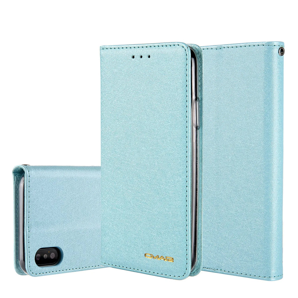 PU leather iPhone flip case in multiple colours showing front card slot and flip cover for Apple iPhone models