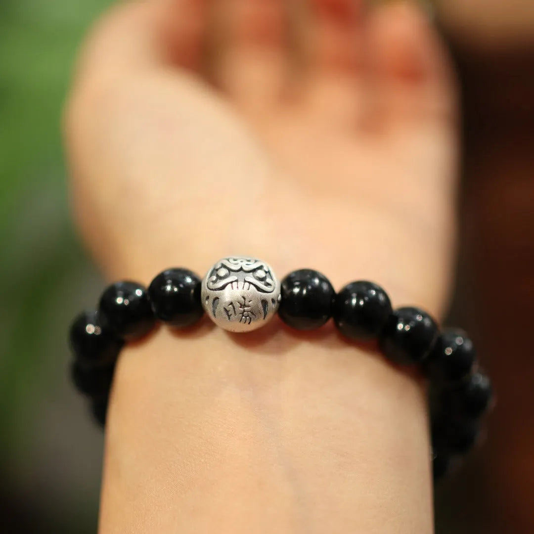Natural 10MM black agate beaded bracelet with 999 sterling silver accents in Chinese style