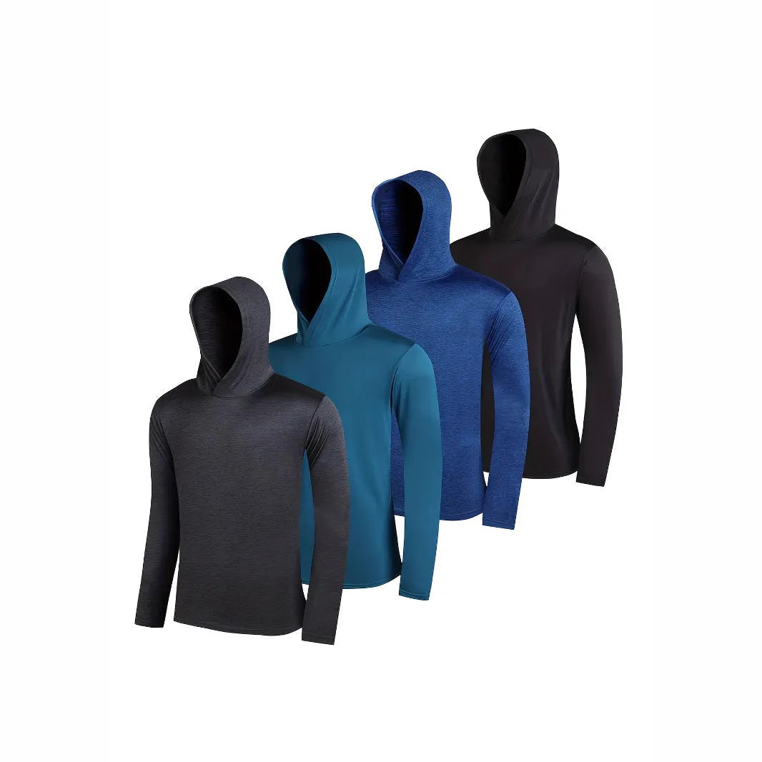 Four folded men's lightweight polyester hoodies from a multipack, shown in a solid colour.