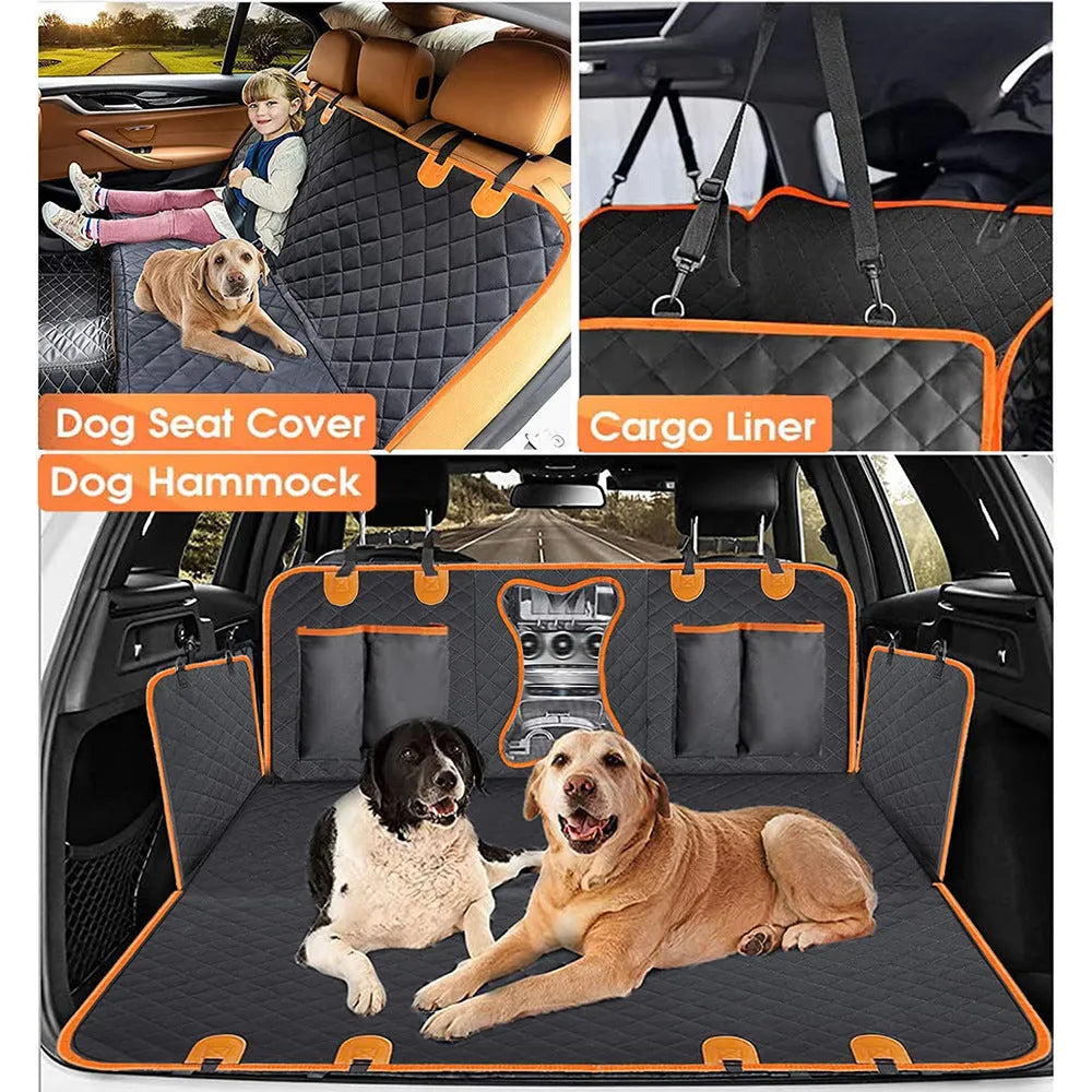 Black waterproof dog car seat cover with orange edging on a car rear seat, showing mesh window.