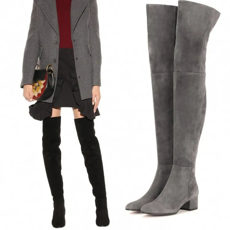Women's grey suede over-the-knee flat boots with pointed toe and low thick heel