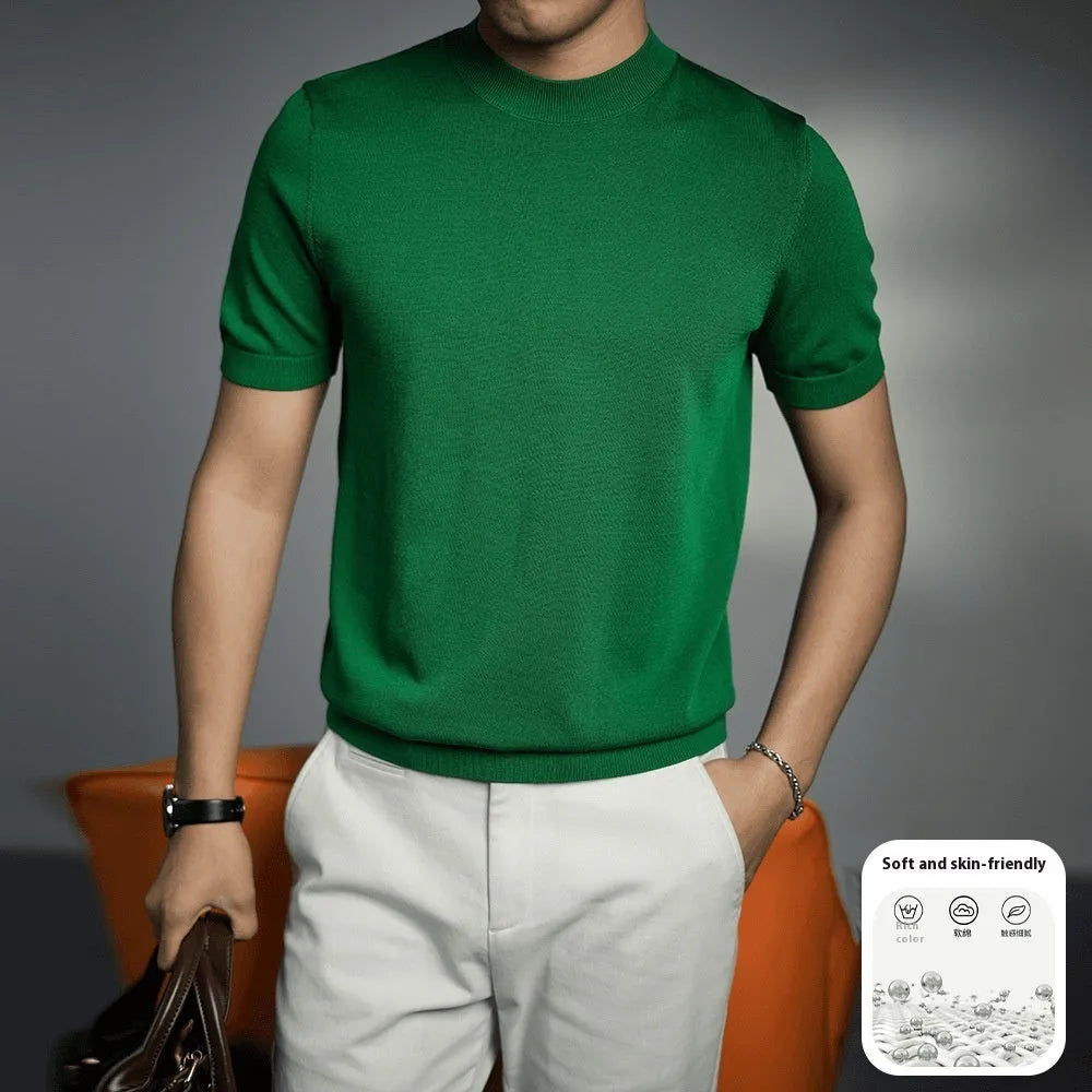Men's knitted round neck short sleeve T-shirt in business casual style with non-ironing polyester blend fabric