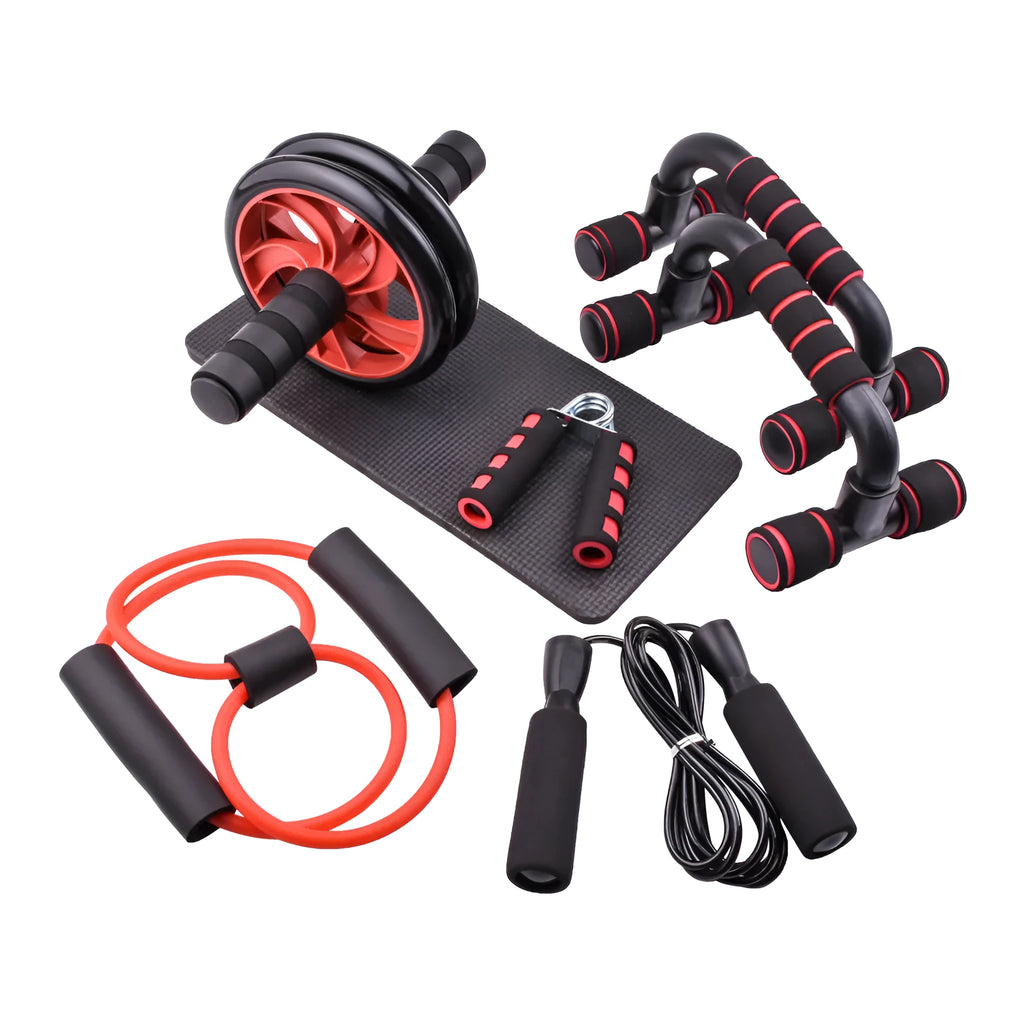 Indoor push-up bracket and set of seven abdominal wheels for home fitness, shown in red, green, black, and blue colours.