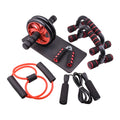Indoor push-up bracket and set of seven abdominal wheels for home fitness, shown in red, green, black, and blue colours.