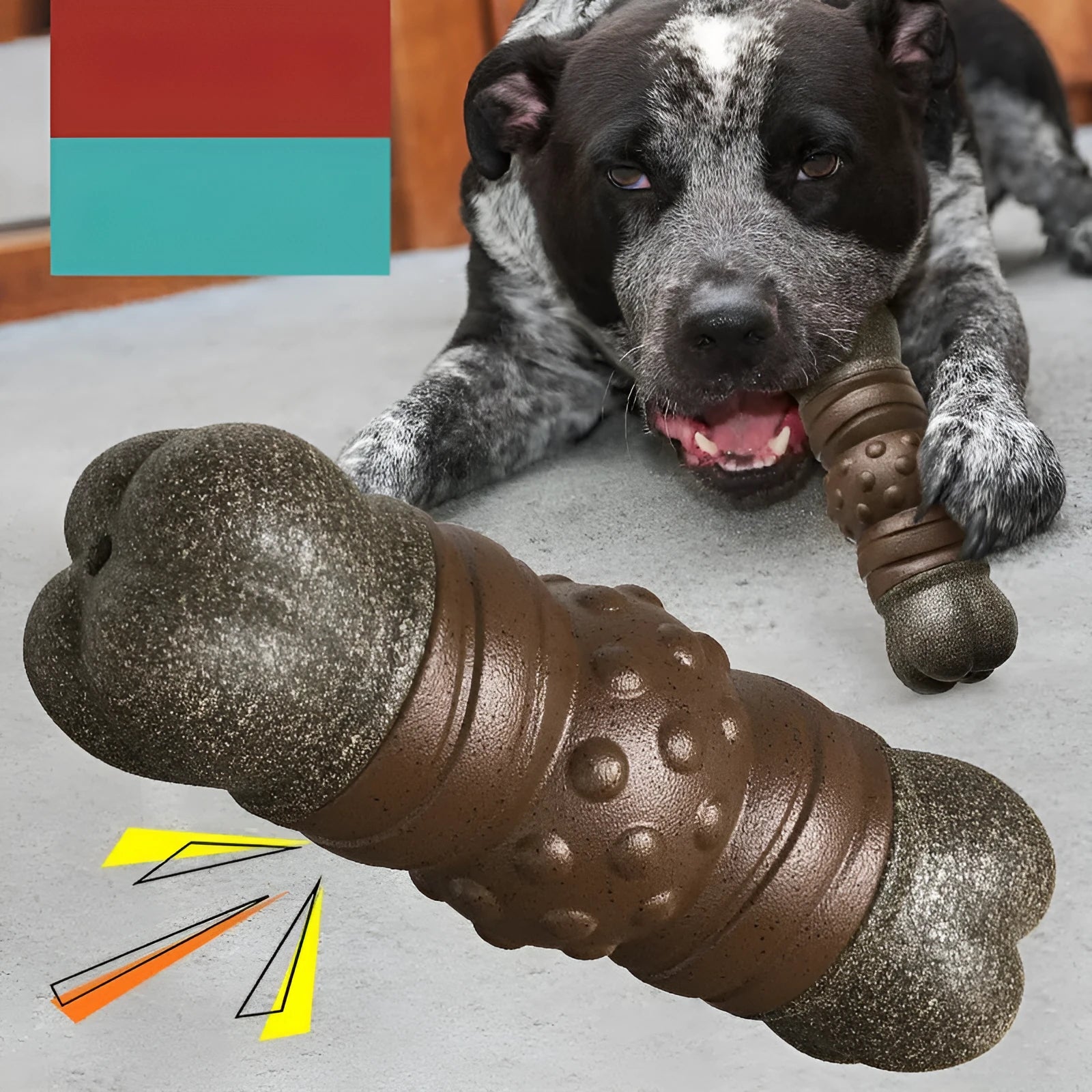 Wood colour plastic bone-shaped dog dental chew toy with textured surfaces for teeth cleaning