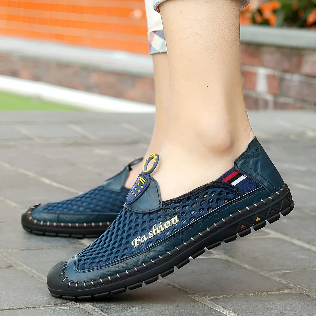Men's brown casual shoes with mesh upper and rubber soles