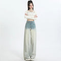 Women's gradient blue straight-leg denim trousers showing wide-leg design