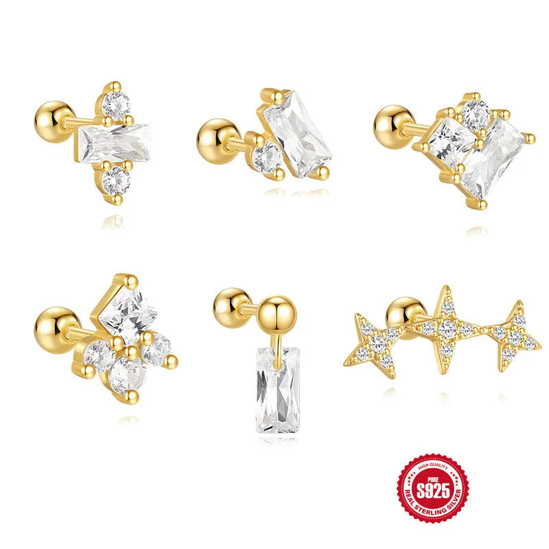 S925 sterling silver square gravel stud earrings with red centre and electroplated gold finish