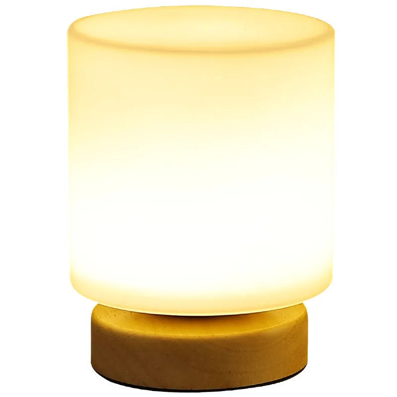 Nordic solid wood USB table lamp in white cube design with touch dimming, 150mm by 180mm