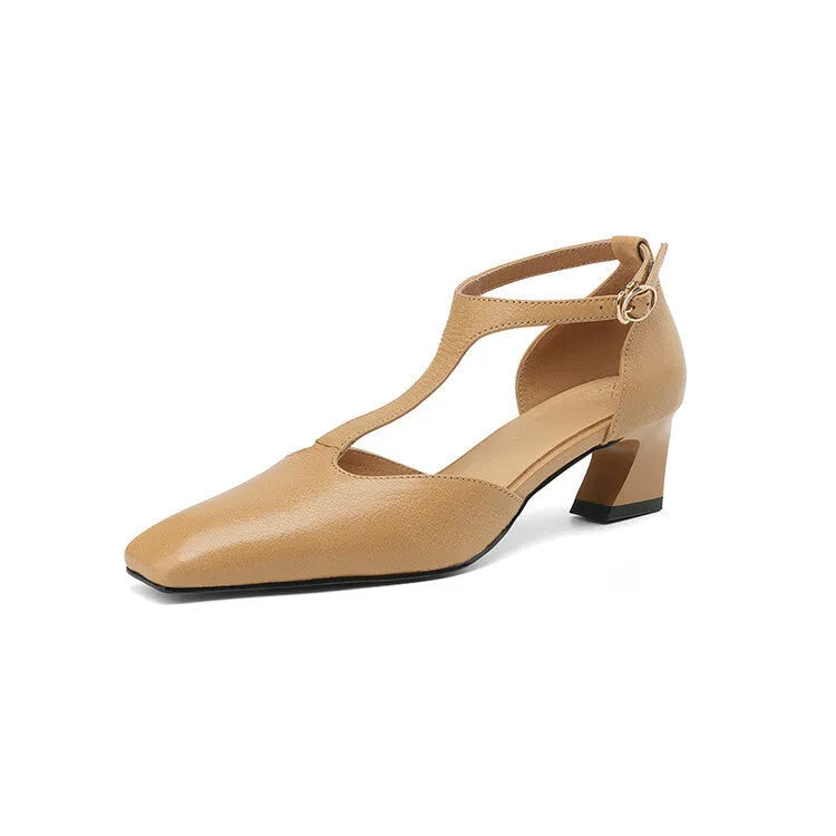 Wine red women's square toe chunky heel shoes with buckle, made from sheepskin leather.