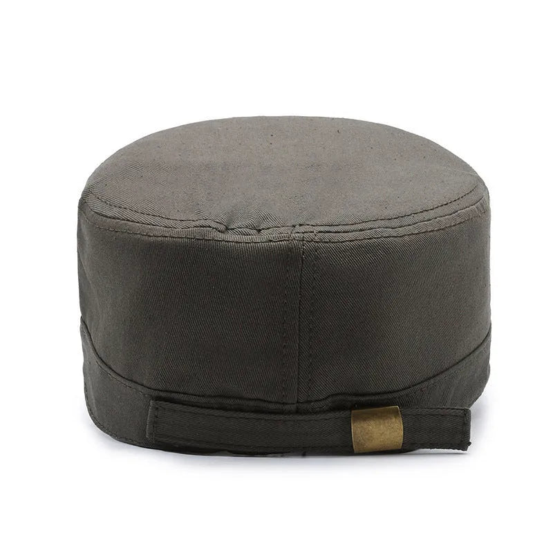 Men's flat-top peaked cotton cap in army green with adjustable strap and English lettering.