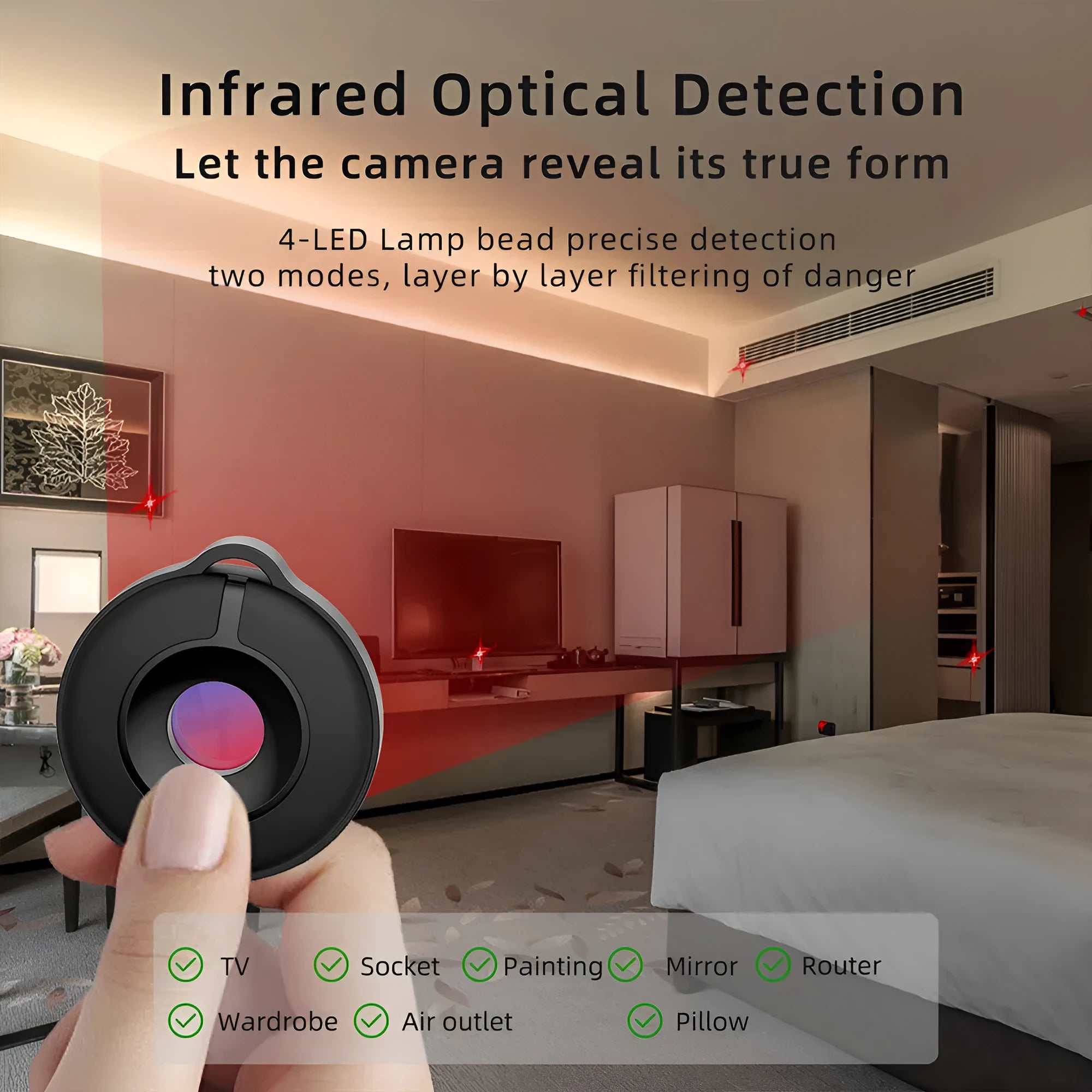 Compact infrared camera detector with 5 metre detection range for hidden camera sweeping