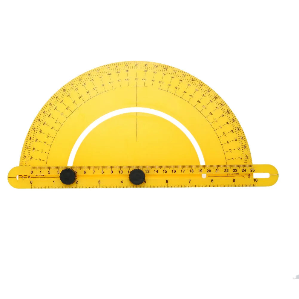 White plastic carpentry angle measuring tool with 180-degree scale, approx 30cm long, for woodworking and tiling.