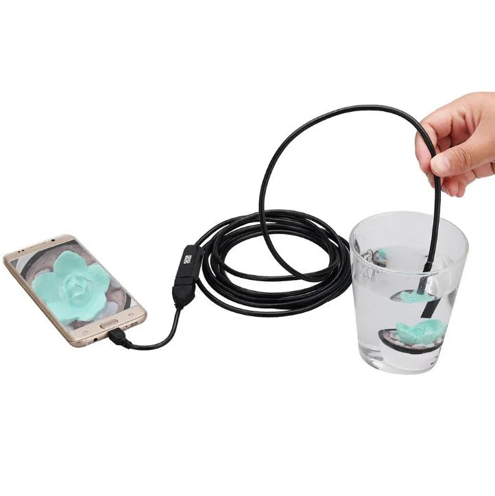 OWSOO USB endoscope camera with 5m cable, magnetic tip, hook, and side mirror for phone and PC inspection.