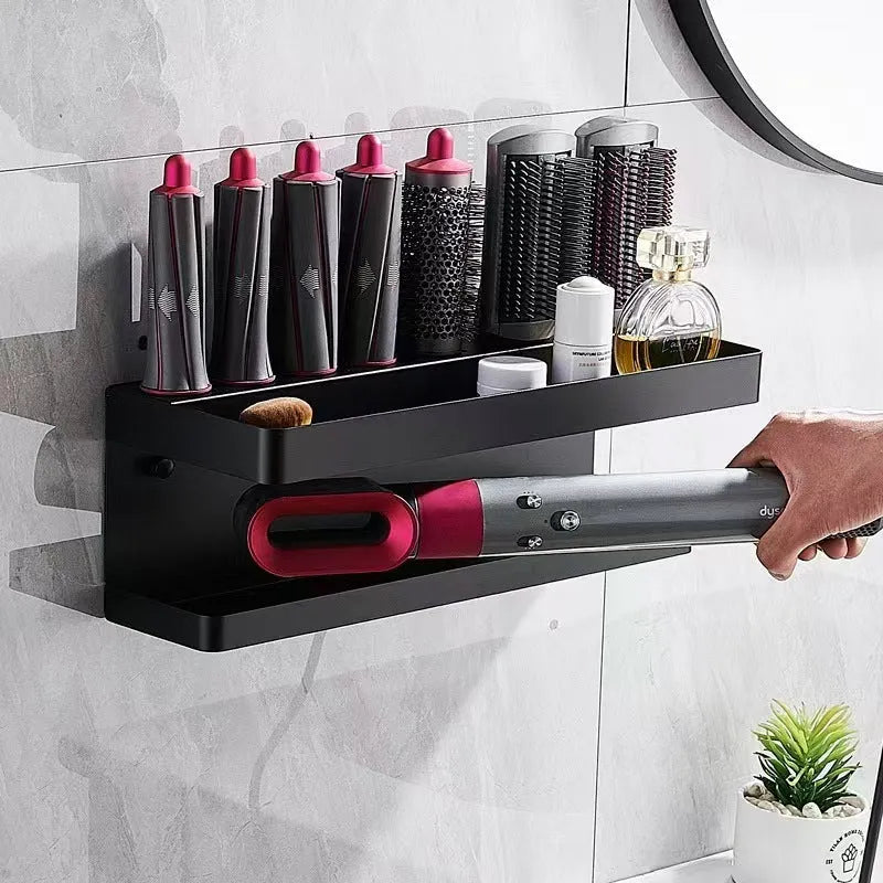 Double-layer aluminium punch-free bathroom storage rack for Marcel waver curlers in black