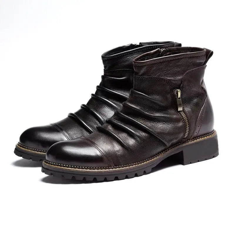 Men's black leather-look cowboy boots with side zipper and round toe
