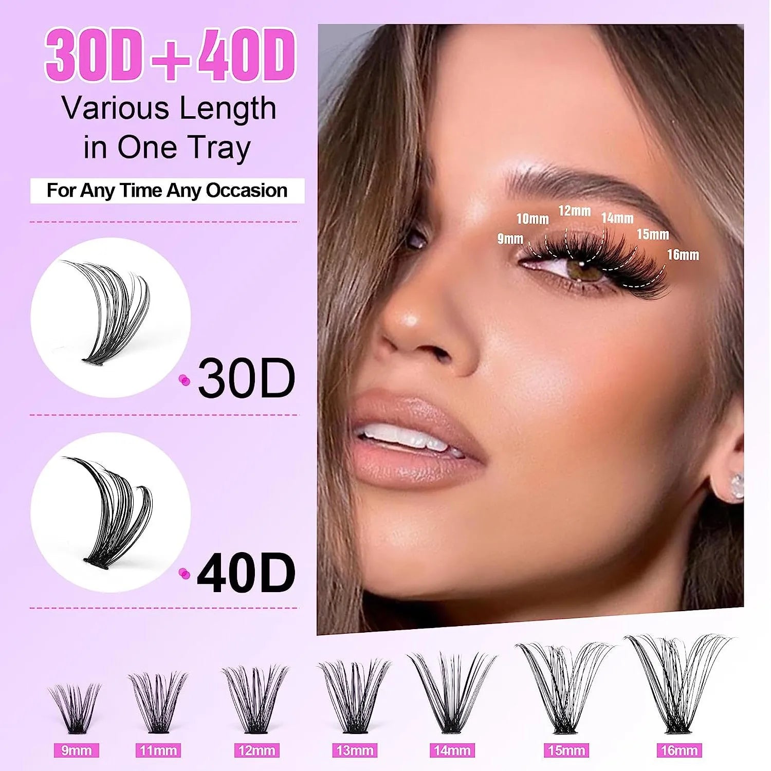 DIY cluster lashes mixed package showing 30D and 40D false eyelashes with tweezers