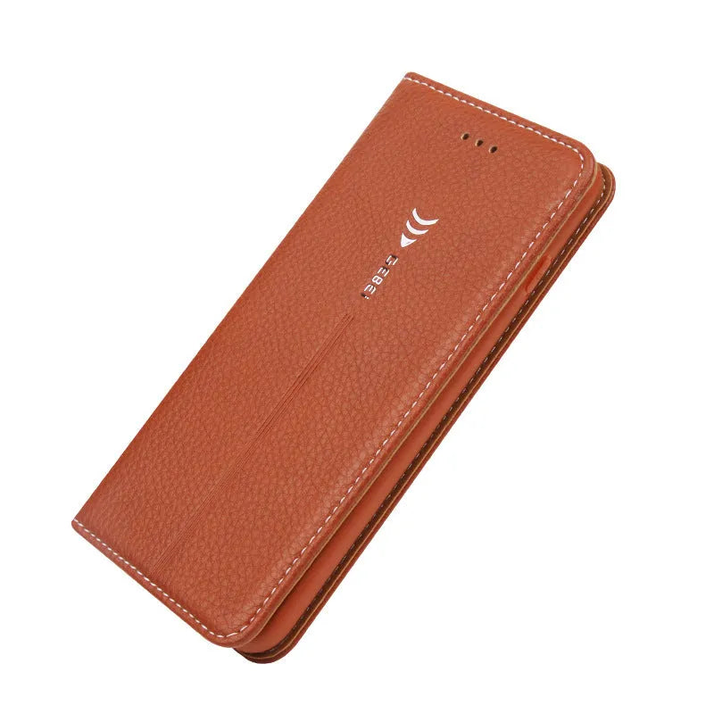 Black PU leather wallet-style case open to show card slots, next to an iPhone.