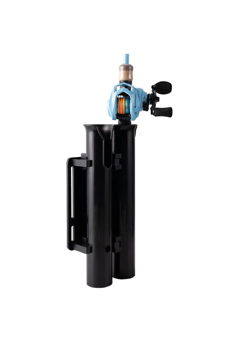 Black double-layer plastic fishing rod rack with carbon fibre frame and metal pipe clamp for bicycle handlebars
