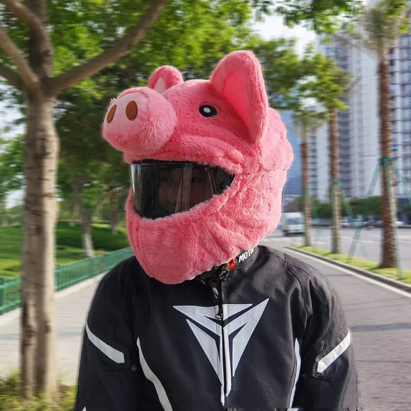 Pink cartoon pig plush hood for motorcycle helmet protection made from PV velvet cloth.