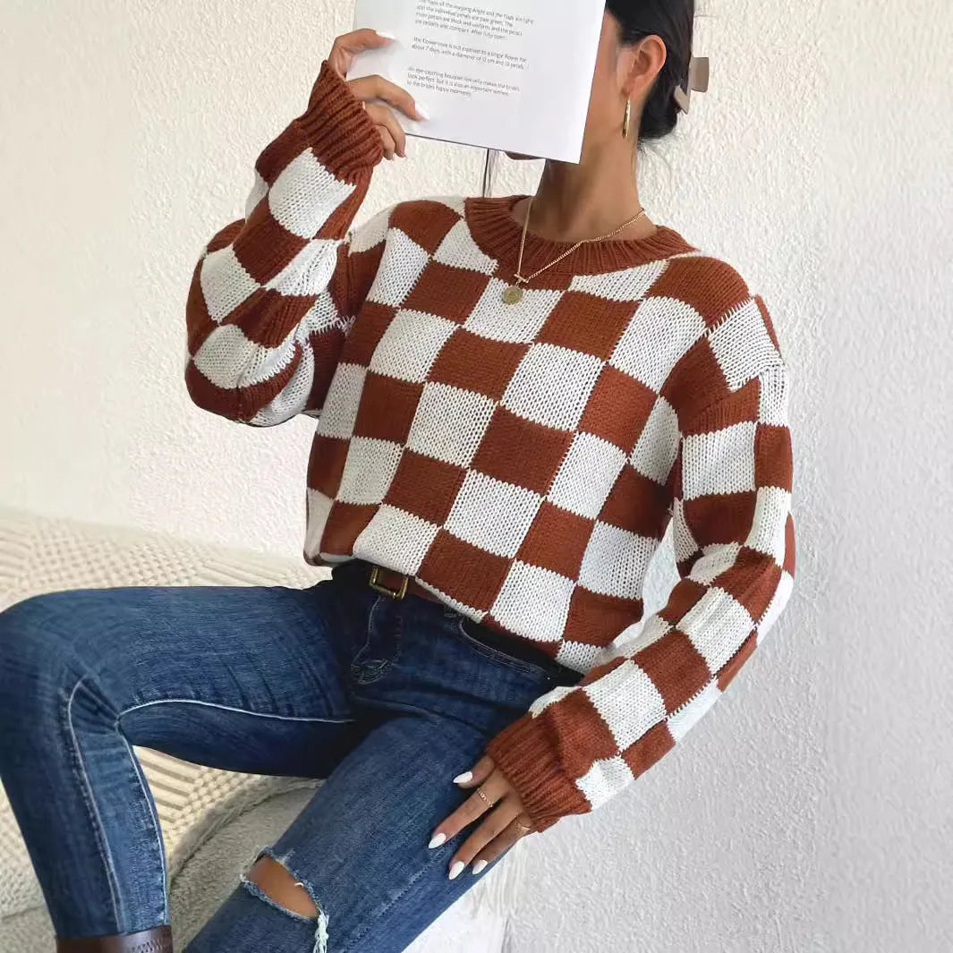 Dark brown acrylic pullover sweater with chessboard plaid pattern, round neck and long sleeves