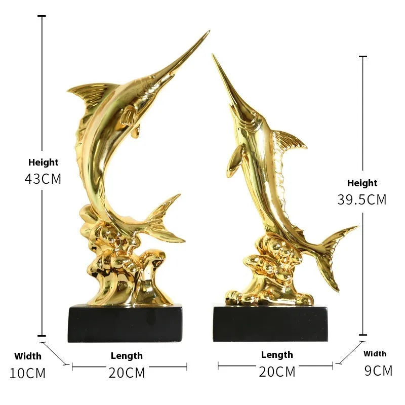 A European-style swordfish sculpture decoration in resin, shown in one of four colour options.