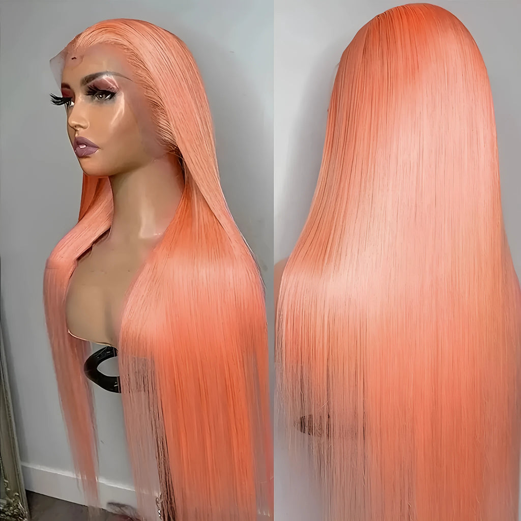 Light orange long straight synthetic wig with front lace and side bangs on display