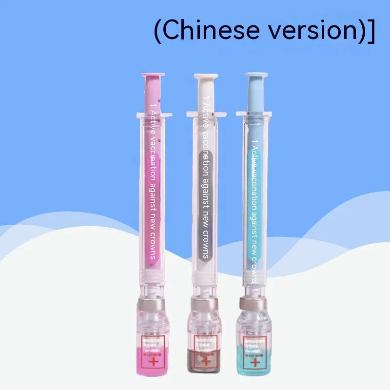 Vaccine design novelty gel pen with 0.5mm black refill, plastic construction, 15.7cm length