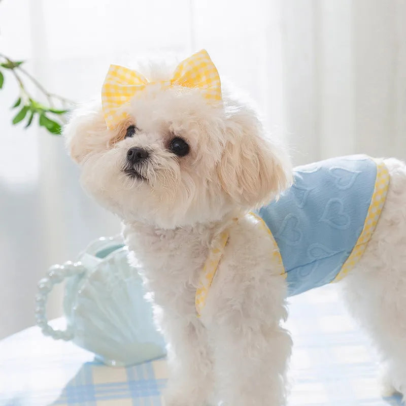 Small dog wearing an elastic heart relief texture bow suspenders vest in Bondi Blue