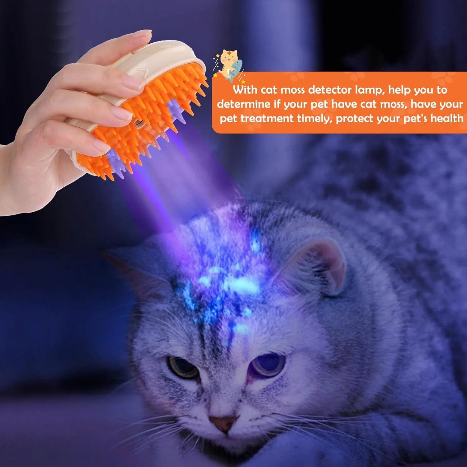 Yellow 4-in-1 cat steam brush with vibration massage and ringworm detection for pet grooming