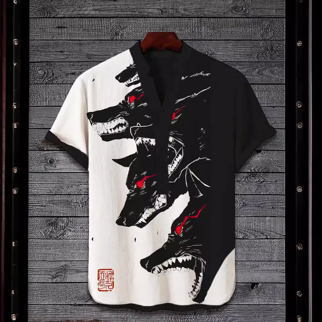 Men's 3D digital animal print short sleeve shirt showing graphic detail and colour options