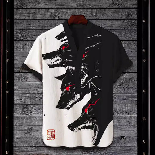 Men's 3D digital animal print short sleeve shirt showing graphic detail and colour options