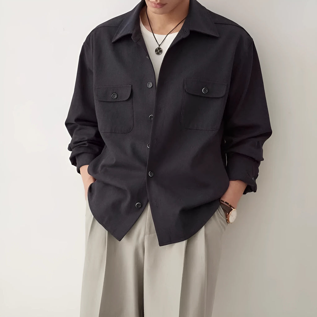Men's lapel collar casual shirt in chemical fibre blend fabric showing simple profile design