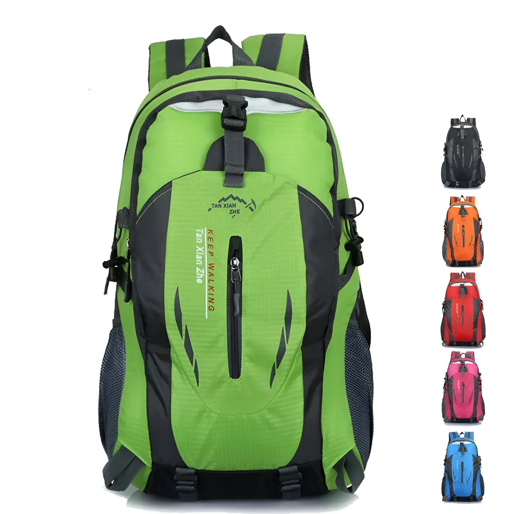 Large waterproof Oxford cloth travel backpack showing computer compartment and available colour options