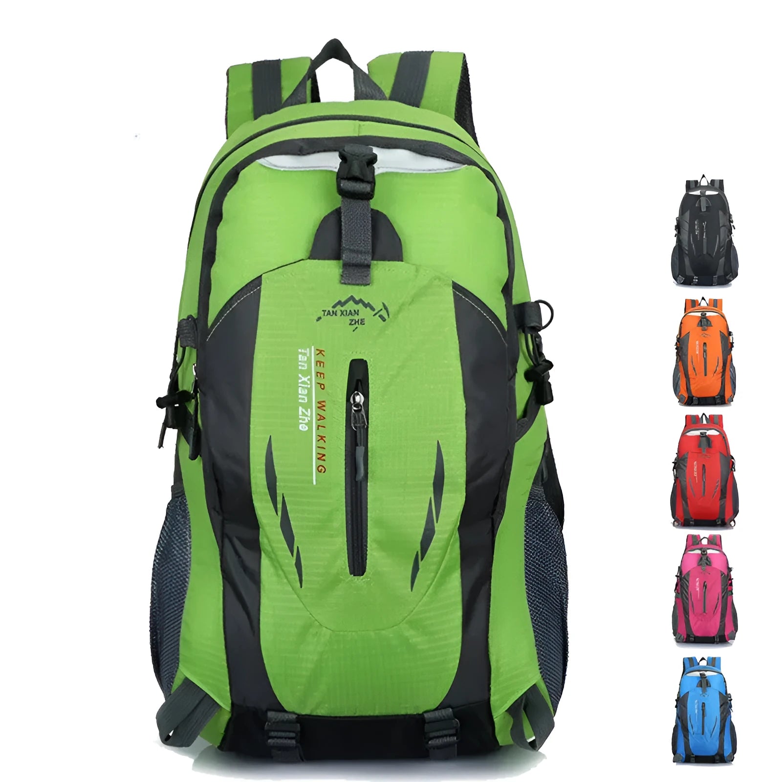 Large waterproof Oxford cloth travel backpack showing computer compartment and available colour options