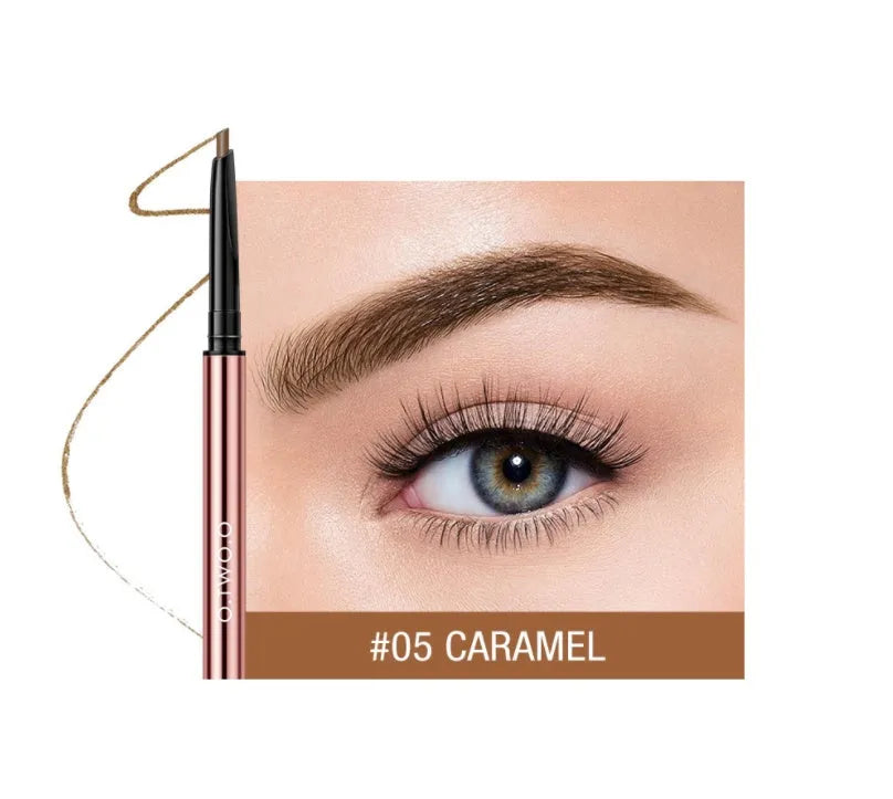 Eye brow make-up pencil in colour box packaging with six shade options shown, tapered tip visible.