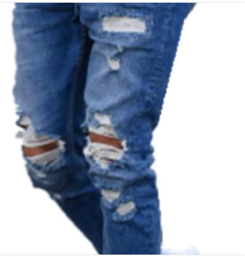 Men's deep blue ripped jeans with distressed hole detailing in 100% cotton fabric