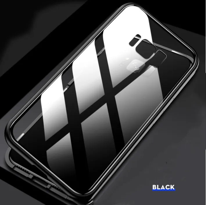 Black clamshell anti-peeping magnetic phone case for Samsung Galaxy phone shown open and closed