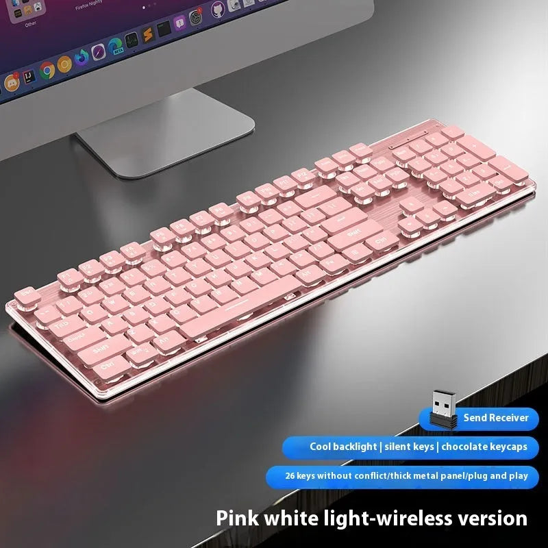 Wireless Bluetooth mute keyboard with backlit keys in cherry blossom pink colour option