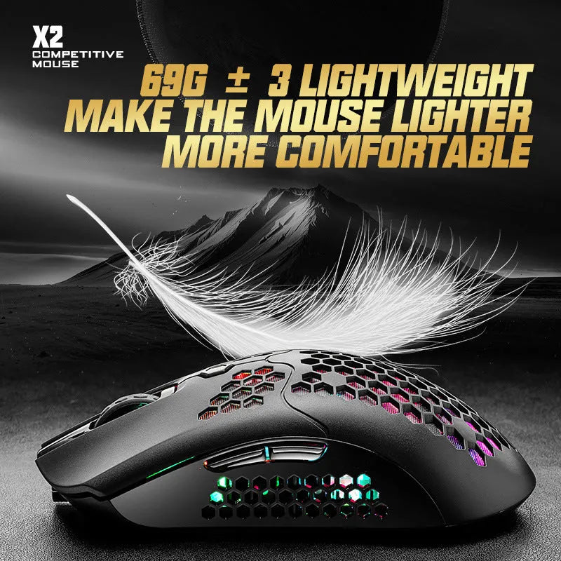 Free Wolf X2 wireless gaming mouse showing RGB lighting and ambidextrous symmetrical design