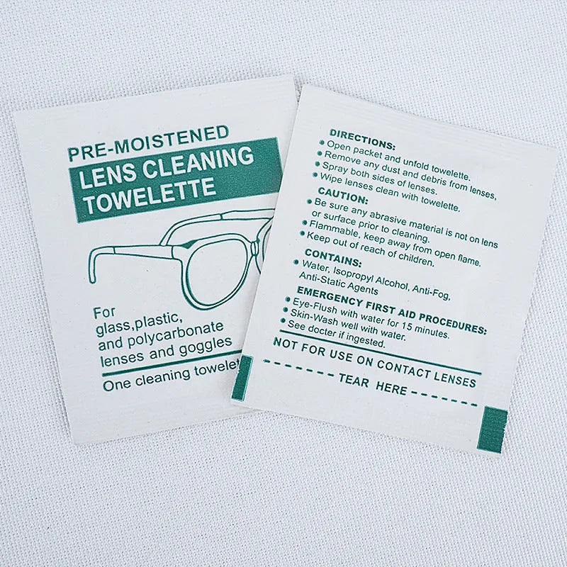 100 individually wrapped white quick-drying lens wipes for glasses, goggles and screens, anti-fog and anti-static