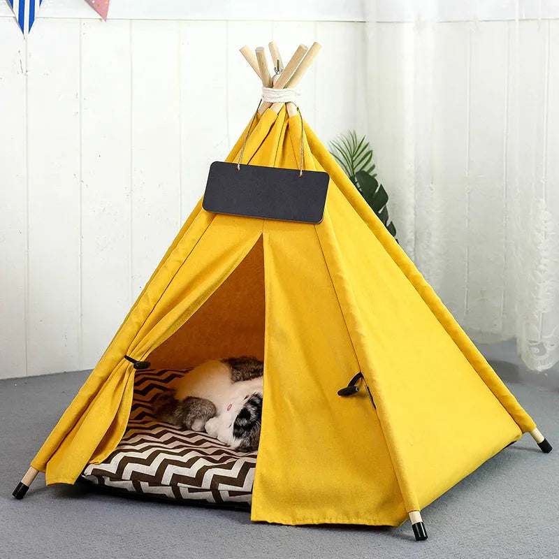 Portable pet teepee tent bed with striped pattern and cushion for small dogs cats rabbits