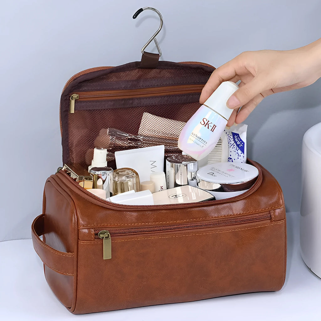 Large capacity waterproof cosmetic bag in PU leather or Oxford cloth, shown in beige colour.