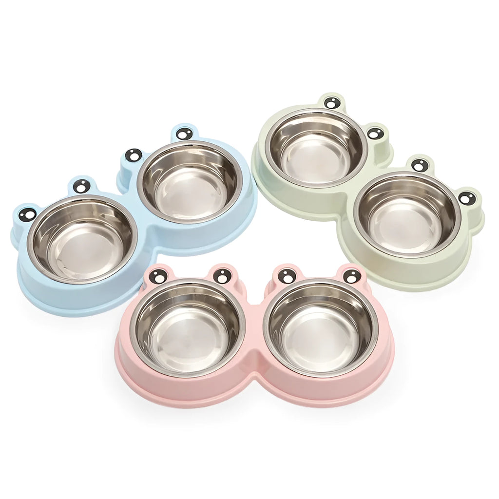 Blue stainless steel double bowl pet feeder with frog-shaped centrepiece for cat or dog food and water.