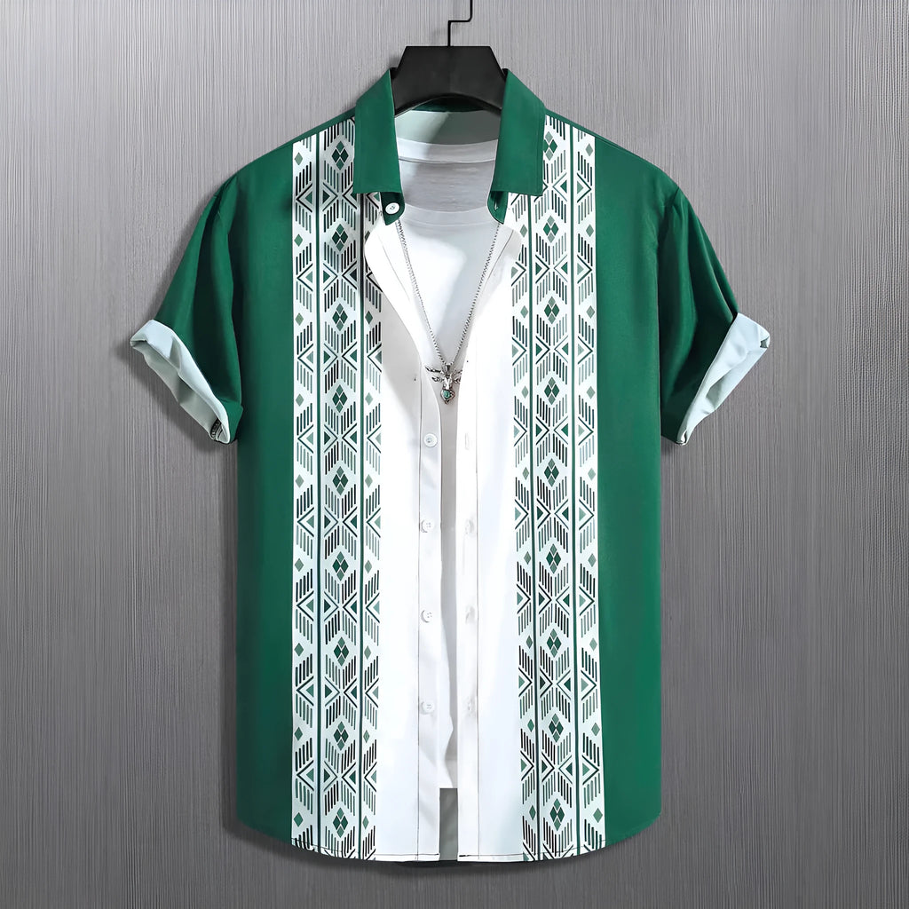 Man wearing a loose-fit plaid lapel cardigan shirt in polyester fabric for summer.