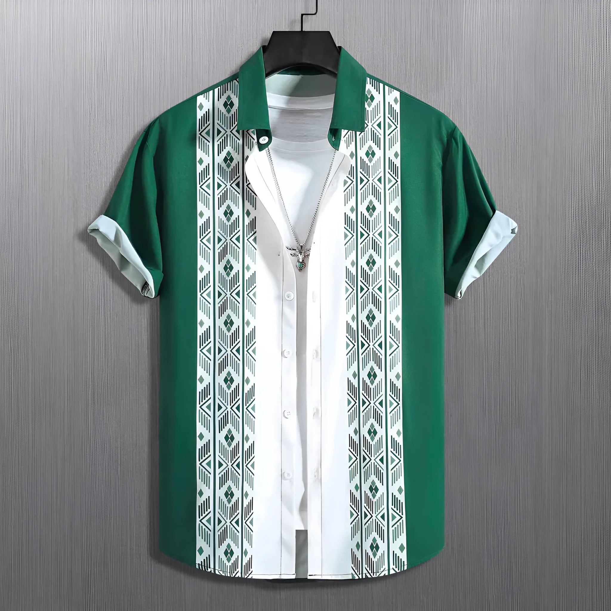 Man wearing a loose-fit plaid lapel cardigan shirt in polyester fabric for summer.
