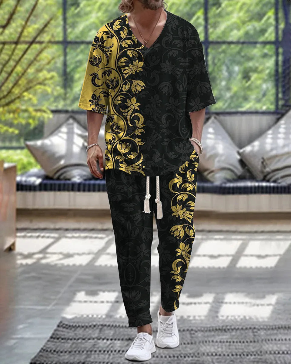Cropped sleeve V-neck jacket and matching trousers suit set in thin polyester fabric