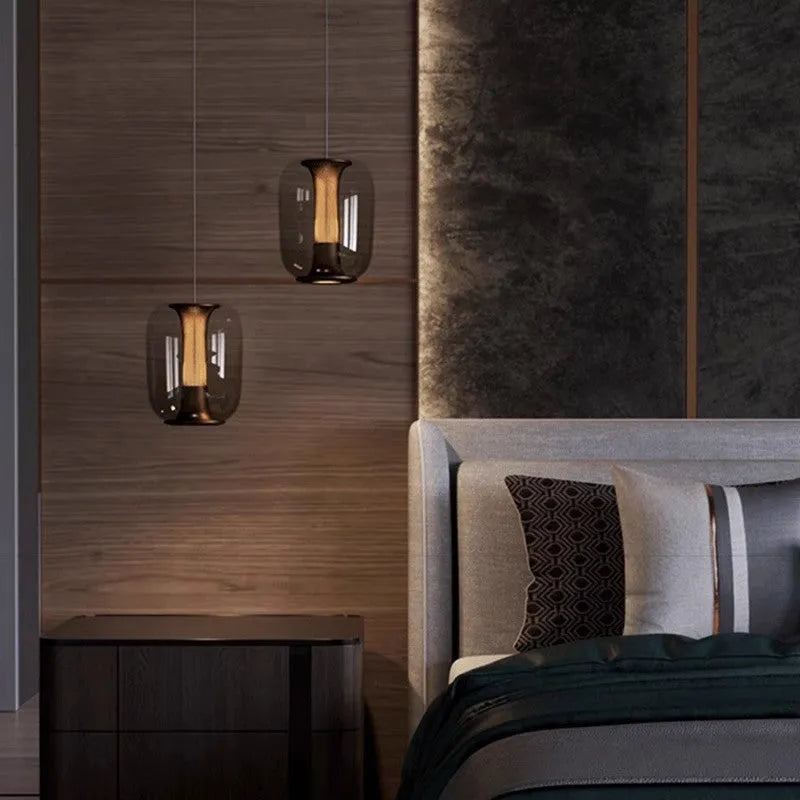 Nordic minimalist chandelier light in transparent, cognac or smoky grey colour measuring 16cm diameter