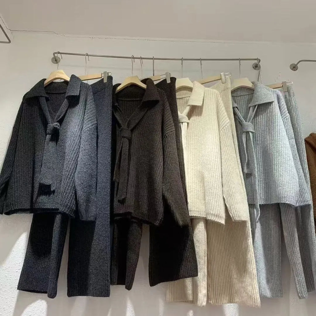 Women's sweater suit two-piece set with long-sleeve top and trousers in imitation cashmere fabric